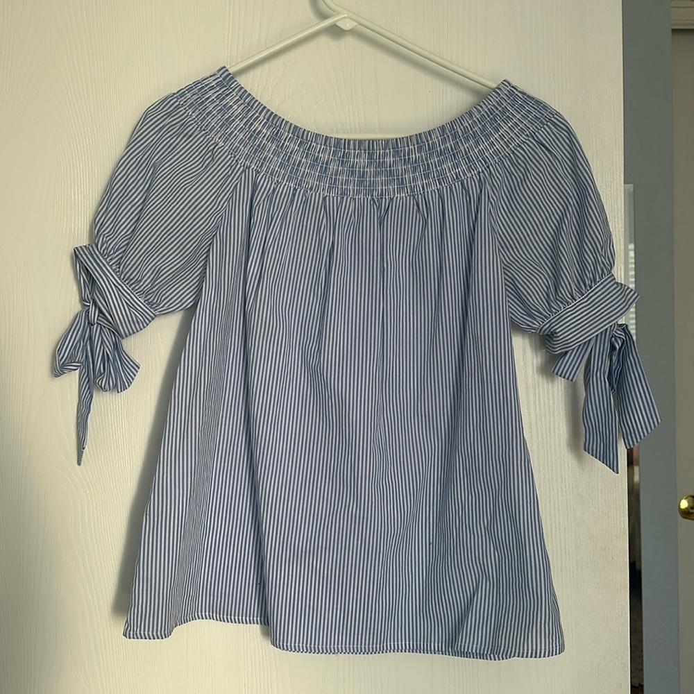 Blue and White striped off shoulder 100% cotton blouse